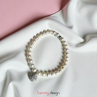 Vòng tay ngọc trai 1 viên bi bạc, charm viên bạc đính đá